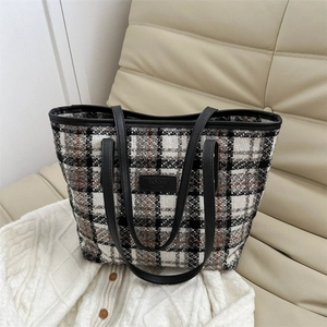 Tragetasche Mit Karomuster Aus Tweed Große Kapazität Vintage Schulterhandtasche Mit Kunstlederriemen Für Damen Alltag