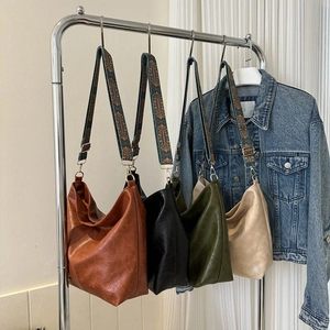 Large vintage PU leather tote bags with ethnic embroidered wide straps in four colors