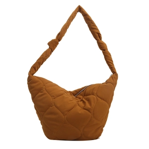 Caramel quilted tote bag with puffer padded texture and stylish knotted shoulder strap