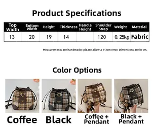 Detailed size guide for the plaid bucket bag showing dimensions and color options