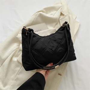 Quilted Hobo Bag Nylon Rhombus Pattern Shoulder Handbag With Zipper Lightweight Casual For Women