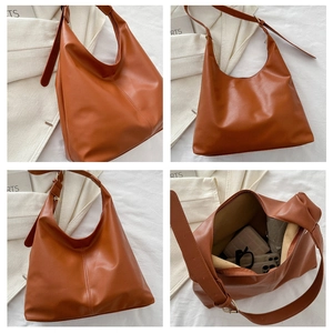 Detailed views of caramel brown large tote bag with adjustable strap and spacious interior