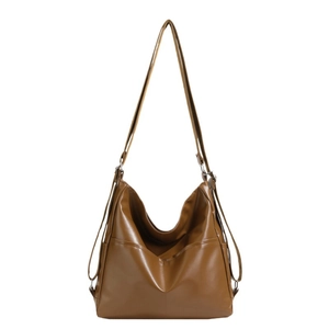 Vintage dark brown large capacity faux leather tote bag with functional side pockets