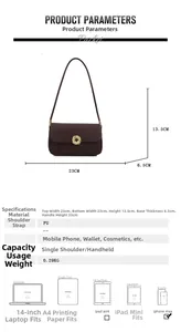 Detailed size specifications for dark brown PU shoulder bag with gold buckle accent