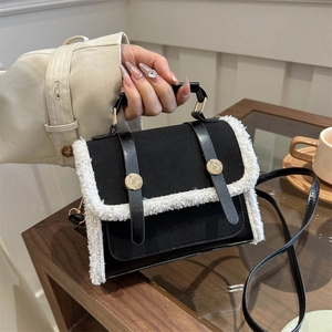 Vintage Women Crossbody Bag PU Leather Faux Shearling Trim Small Square Top Handle Handbag Winter Fashion Retro Style