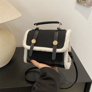 Retro black and white faux fur trim small square crossbody bag with gold buckles