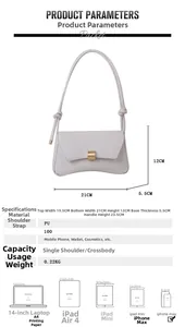 Size chart showing white croc-effect shoulder bag dimensions 21x12x5.5cm with gold clasp