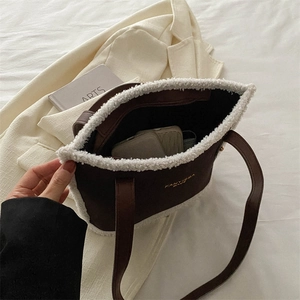 Faux shearling trim tote bag in dark coffee brown with large capacity and interior pocket