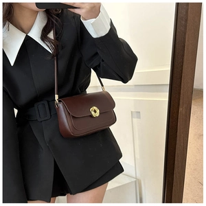 Detail view of dark brown leather crossbody bag with vintage golden woven twist lock