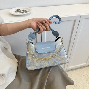 Vintage Jacquard Floral Underarm Bag PU Leather Handbag With Gold Metal Flower Chain Braided Strap For Women