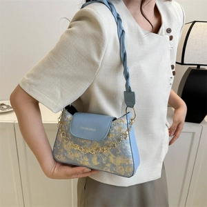 Light blue embroidered underarm bag with oil painting texture and golden flower chain