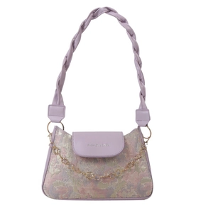 Purple floral embroidery underarm bag with leather flap and flower gold chain strap