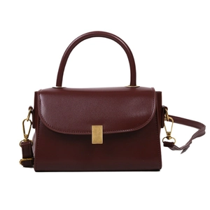 Vintage wine red leather small square crossbody bag with gold metal lock for women