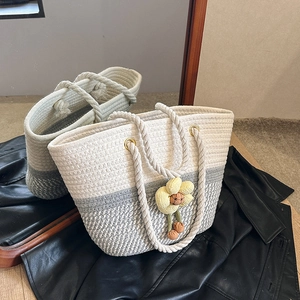 Woven Cotton Rope Tote Bag Large Capacity Color Block Shoulder Handbag With Flower Charm For Summer Beach Women Fashion