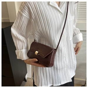 Detail showing dark brown crocodile embossed leather texture and gold buckle on crossbody bag