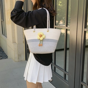 Handwoven large capacity tote bag with white and grey weaving and floral detail