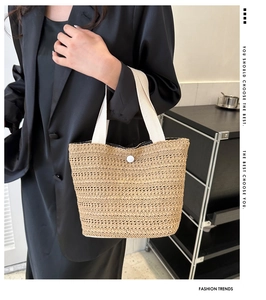 Detail of woven straw tote bag featuring thick canvas handles and a round button closure