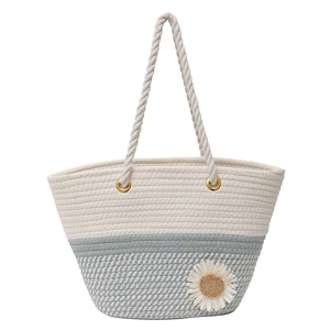 Summer woven cotton rope bucket bag with blue-gray stitching and daisy detail