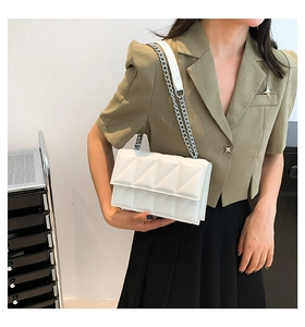 Side view of white quilted flap bag with silver chain strap worn by a female model