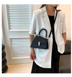 Fashionable black trapezoid crossbody bag with gold hardware shown on a model