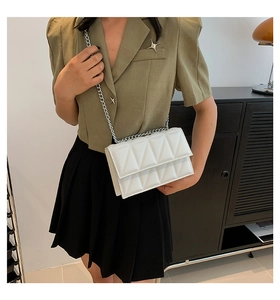 Detail of white quilted crossbody bag with silver chain worn with a green blazer