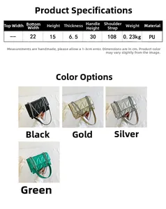 Detailed sizing chart and four color options for the quilted crossbody chain bag