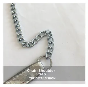 Detail of silver chain shoulder strap with metallic crackle texture and metal links