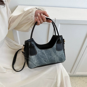 Women Vintage PU Leather And Denim Patchwork Crossbody Bag French Niche Design Curved Handbag With Adjustable Strap
