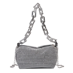 Sparkling rhinestone cylinder handbag with dual metallic chain straps in bright silver finish