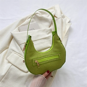 Women Woven PU Leather Crescent Hobo Bag Fashion Casual Shoulder Handbag With Front Zipper Pocket Gold Hardware Solid Color