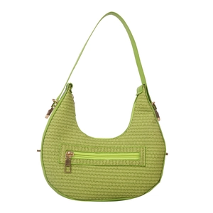 Bright green crescent shoulder bag with woven texture and gold zipper detail