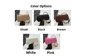 Grid view of small leather shoulder bags available in khaki, black, brown, white and pink