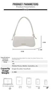 Detailed size chart for white PU shoulder bag with height, width, and strap dimensions