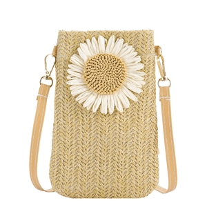 Borsa a tracolla in paglia per cellulare con grande fiore bianco e trama intrecciata