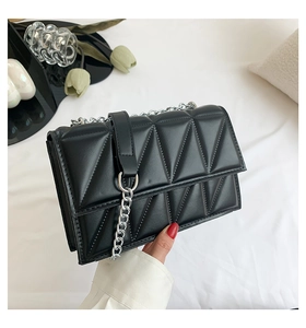 Détail du mini sac bandoulière noir avec matelassage triangulaire et chaîne argent