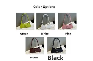 Detailed view of fashionable baguette bags in green, white, pink, brown and black colors