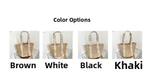Detailed grid view of hollow woven beach tote bags in brown, white, black, and khaki colors