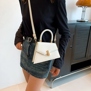 Minimalist white geometric crossbody bag with gold buckle and top handle for women