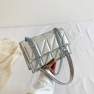 Women Crossbody Bag PU Leather Geometric Quilted Triangular Pattern Chain Strap Metallic Finish Square Flap Stylish