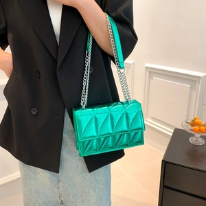 Quilted geometric green crossbody bag with silver chain strap for women fashion