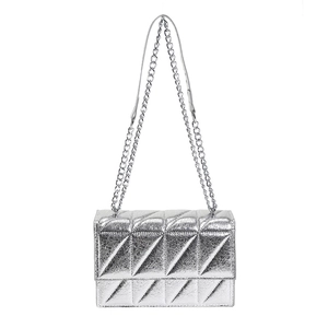 Silver metallic crossbody bag with triangular quilting and metal chain strap