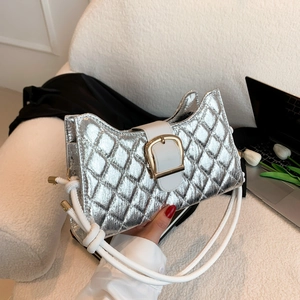 Quilted Metallic PU Leather Underarm Baguette Bag With Metal Square Buckle For Women Fashion Shoulder Handbag