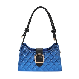 Quilted electric blue metallic shoulder bag with black strap and gold buckle detail