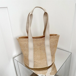 Woven Straw Style Tote Bag Hollow Out Beach Handbag With Wide Canvas Handles Magnetic Closure Casual Pastoral Style Women