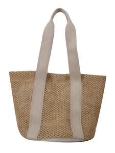 Hollow out woven straw beach tote bag with wide canvas handles for summer vacation