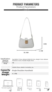Detailed size specifications of white PU shoulder bag with product dimension diagrams