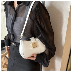 Chic cream-white PU leather half-moon underarm bag with gold buckle on model