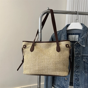 Sac Fourre-tout En Paille Tissée Pour Femme Grande Capacité Sac À Main Bandoulière Vacances D'été Style Minimaliste Avec PU Cuir