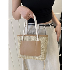 Stroh-Eimertasche mit brauner Kunstledertasche und weißem Seilgriff für Damen