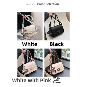 Collage of four stylish square handbags with decorative silk scarves and square buckles